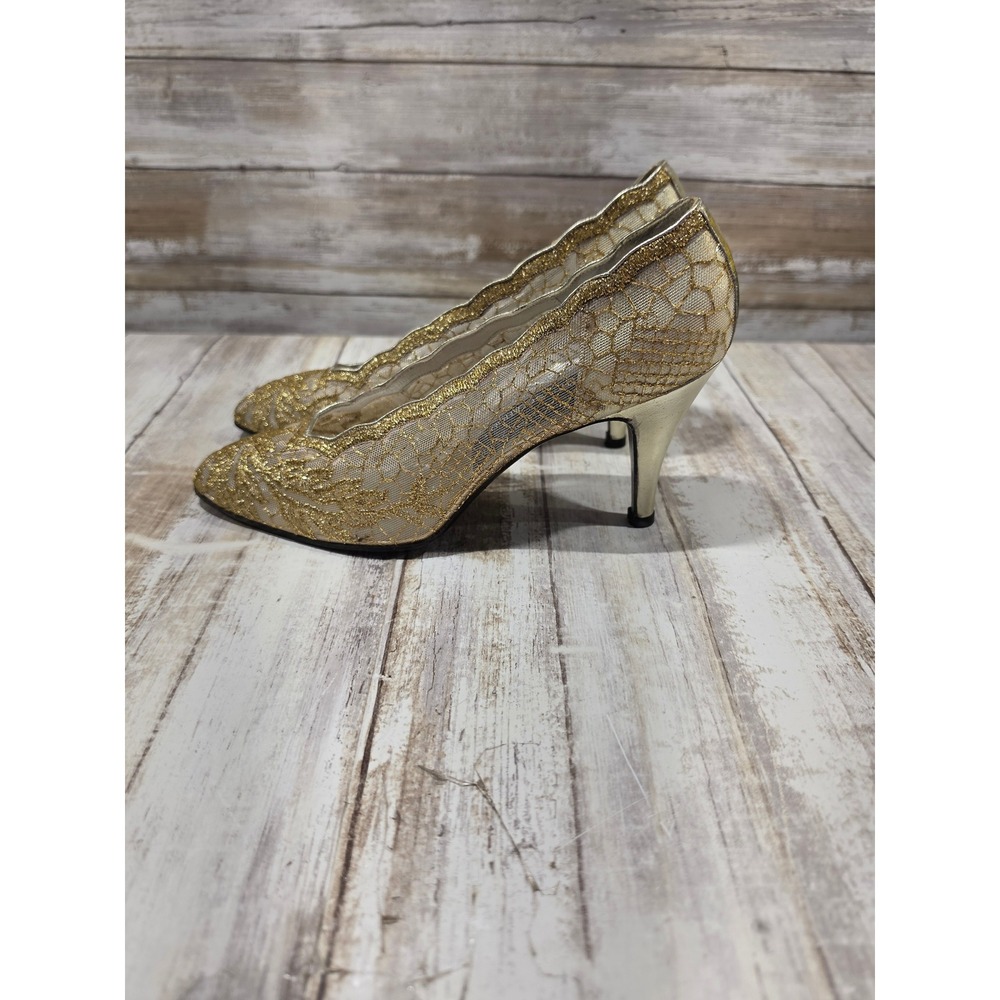 Stuart Weitzman Mr Seymour Gold Mesh Lace Pumps Heels 7W Vintage Made in Spain - Picture 6 of 12